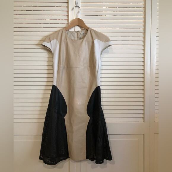 Ohne Titel Lamb Leather Fit & Flare Beige and Black Dress - Picture 3 of 7